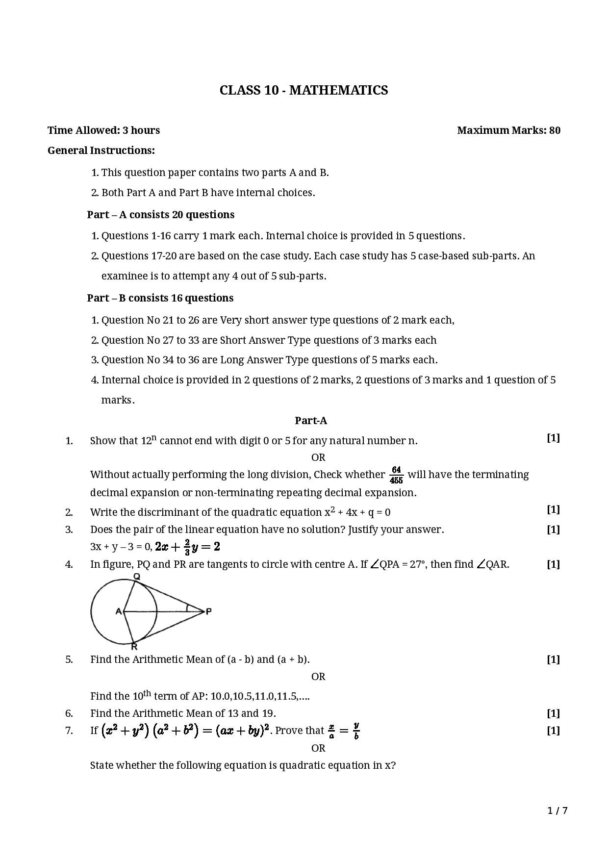 maths quiz questions with answers for class 10